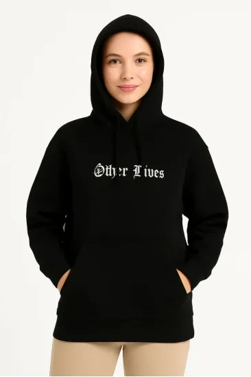 Kadın Kapüşonlu Kanguru Cepli Sweatshirt 3 İplik Pamuklu Baskılı Hoodie - Siyah Kadın Kapüşonlu Kanguru Cepli Sweatshirt 3 İplik Pamuklu Baskılı Hoodie - Siyah