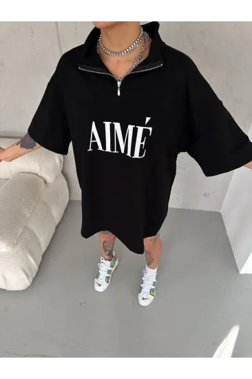 Kadın Yarım Fermuarlı Tişört Baskılı T-Shirt - Siyah