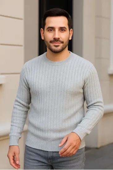 Erkek Fitilli Triko Bisiklet Yaka Kalın Kazak 3'lü Set Gri-Haki-Siyah Erkek Fitilli Triko Bisiklet Yaka Kalın Kazak 3'lü Set Gri-Haki-Siyah