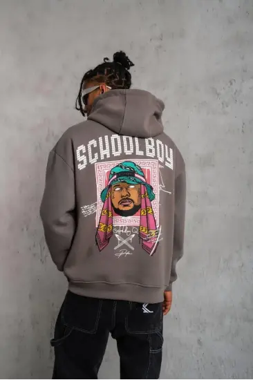 Erkek 3 İplik Pamuklu Kapüşonlu Baskılı Cepli Oversize Sweatshirt Hoodie - Gri Erkek 3 İplik Pamuklu Kapüşonlu Baskılı Cepli Oversize Sweatshirt Hoodie - Gri