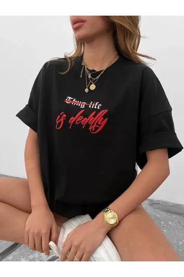 kadın Bisiklet Yaka Baskılı Oversize Kısa kol T-Shirt - Siyah kadın Bisiklet Yaka Baskılı Oversize Kısa kol T-Shirt - Siyah