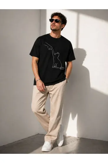 Erkek Minimal Kedi Çizim Baskılı Tişört Kısa Kol Yazlık T-Shirt - Siyah Erkek Minimal Kedi Çizim Baskılı Tişört Kısa Kol Yazlık T-Shirt - Siyah