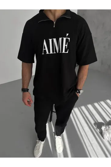 ERKEK Tişört Yakalı Yarım Fermuarlı  Kısa Kol Baskılı T-Shirt - Siyah