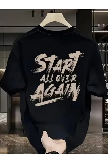 Erkek Kısa Kol Yazlık Tişört Bisiklet Yaka Baskılı Oversize T-Shirt - Siyah
