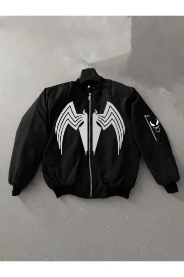 Erkek Cepli Mont Venom Örümcek Desenli Bomber Kol Fermuarlı Ceket - Siyah Erkek Cepli Mont Venom Örümcek Desenli Bomber Kol Fermuarlı Ceket - Siyah