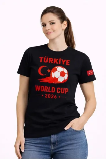 Kadın Türkiye World Cup 2026 Baskılı Tişört Futbol Temalı Forma T-Shirt - Siyah