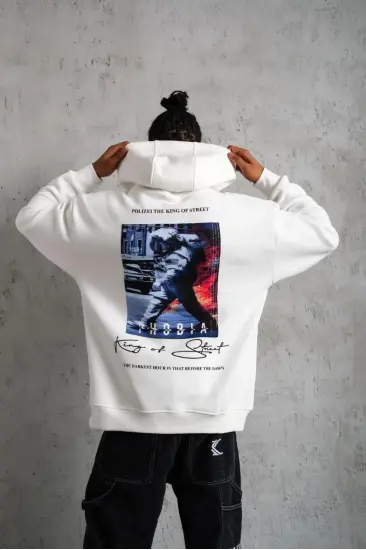 Erkek 3 İplik Pamuklu Kapüşonlu Baskılı Cepli Oversize Sweatshirt Hoodie - Beyaz Erkek 3 İplik Pamuklu Kapüşonlu Baskılı Cepli Oversize Sweatshirt Hoodie - Beyaz