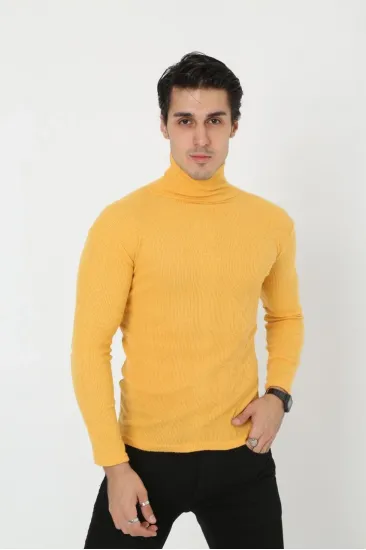Erkek Fitilli Kaşkorse Kumaş Boğazlı Full Likralı Slimfit Body - Sarı Erkek Fitilli Kaşkorse Kumaş Boğazlı Full Likralı Slimfit Body - Sarı