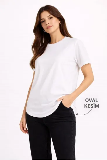 Kadın Basic T-Shirt Kısa Kol Bisiklet Yaka Oval Kesim Tişört - Beyaz Kadın Basic T-Shirt Kısa Kol Bisiklet Yaka Oval Kesim Tişört - Beyaz