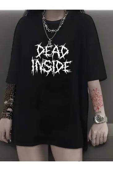 Kadın T-shirt Bisiklet Yaka Oversize Kısa Kollu Tişört - Siyah