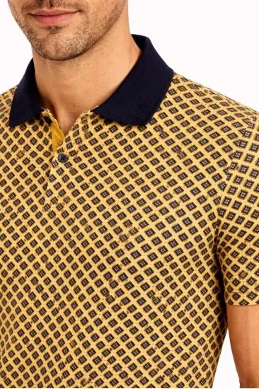 Erkek Pike Kumaş Polo Yaka Desenli Tişört Kısa Kol Yazlık T-Shirt - Sarı