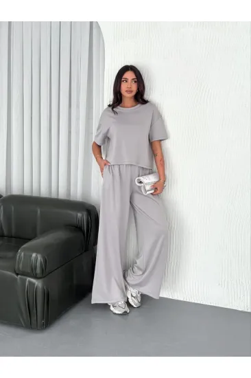 Kadın Osy Modal Yumuşak Kumaş Bisiklet Yaka T-shirt Bol paça Pantolon ikili Takım - Boyalı Gri