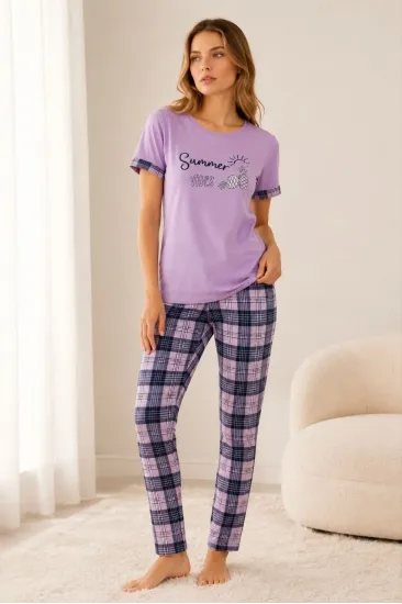 Kadın Pamuklu Penye Summer Baskılı Kısa Kollu Pijama Takımı Bisiklet Yaka Ekose Desenli - Lila Kadın Pamuklu Penye Summer Baskılı Kısa Kollu Pijama Takımı Bisiklet Yaka Ekose Desenli - Lila
