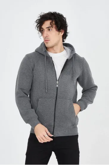 Erkek 3 İplik Pamuklu Fermuarlı Kapüşonlu Kanguru Cepli Hoodie Hırka Sweatshirt - Füme Erkek 3 İplik Pamuklu Fermuarlı Kapüşonlu Kanguru Cepli Hoodie Hırka Sweatshirt - Füme