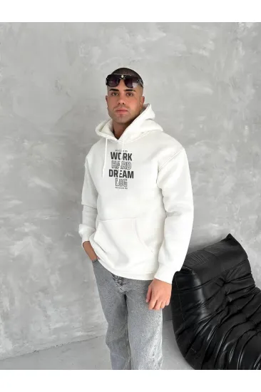 Erkek Kapüşonlu Kanguru Cepli Sweatshirt 3 İplik Pamuklu Baskılı Hoodie - Beyaz