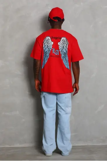 Erkek Baskılı Tişört Kısa Kol Bisiklet Yaka Oversize T-Shirt - Kırmızı Erkek Baskılı Tişört Kısa Kol Bisiklet Yaka Oversize T-Shirt - Kırmızı