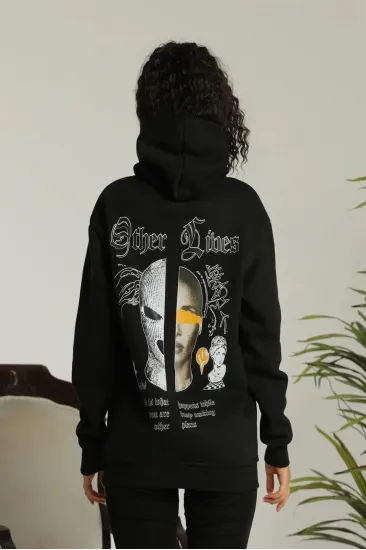 Kadın Oversize Kapüşonlu Cepli Baskılı 3 İplik Pamuklu Hoodie Sweatshirt -  Siyah