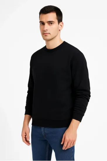 Erkek 3 İplik Pamuklu Düz Bisiklet Yaka SweatShirt - Siyah Erkek 3 İplik Pamuklu Düz Bisiklet Yaka SweatShirt - Siyah