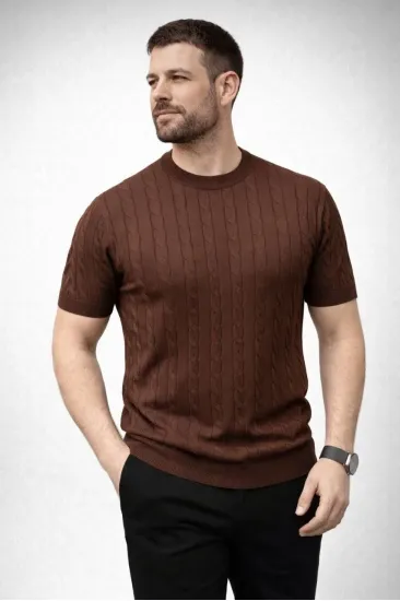 Erkek Yazlık Triko Dokuma Tişört Kısa Kol Bisiklet Yaka Örgü Desenli T-Shirt - Kahverengi Erkek Yazlık Triko Dokuma Tişört Kısa Kol Bisiklet Yaka Örgü Desenli T-Shirt - Kahverengi