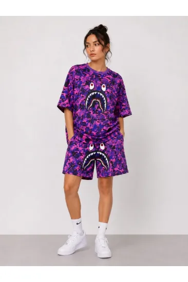 Kadın Oversize Kalıp Pubg Bape X Shark Nakışlı Cepli Şort Takım - Mor Kadın Oversize Kalıp Pubg Bape X Shark Nakışlı Cepli Şort Takım - Mor