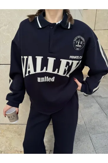 Kadın 3 İplik Pamuklu Yakalı Sweat Baggy Pantolonlu Alt-Üst Takım - Siyah