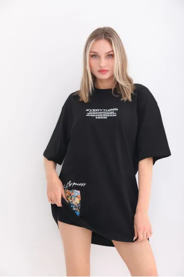kadın Bisiklet Yaka Baskılı Oversize T-Shirt - Siyah kadın Bisiklet Yaka Baskılı Oversize T-Shirt - Siyah