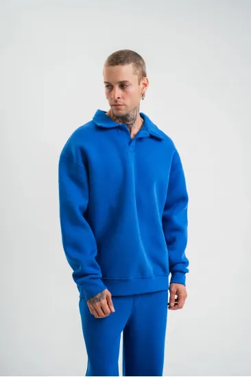 Erkek Açık Yakalı Oversize 3 İplik Pamuklu Sweatshirt - Mavii Erkek Açık Yakalı Oversize 3 İplik Pamuklu Sweatshirt - Mavii