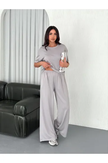 Kadın Osy Modal Yumuşak Kumaş Bisiklet Yaka T-shirt Bol paça Pantolon ikili Takım - Boyalı Gri