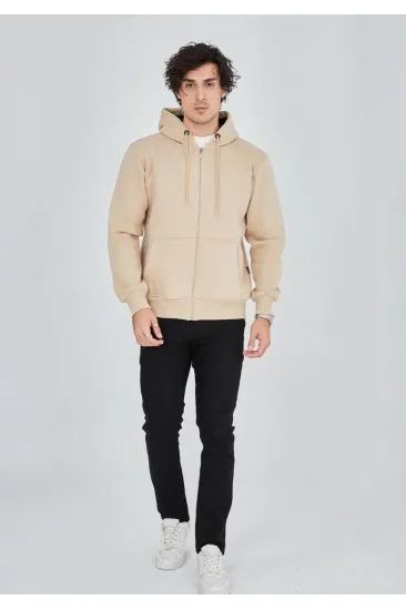 Erkek 3 İplik Pamuklu Kapüşonlu Tam Fermuarlı Cepli Hoodie Sweatshirt - Bej