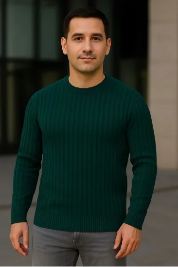 Erkek Bisiklet Yaka Triko Kazak Pamuklu Kalın Fitilli Dokuma Regular Fit - Haki