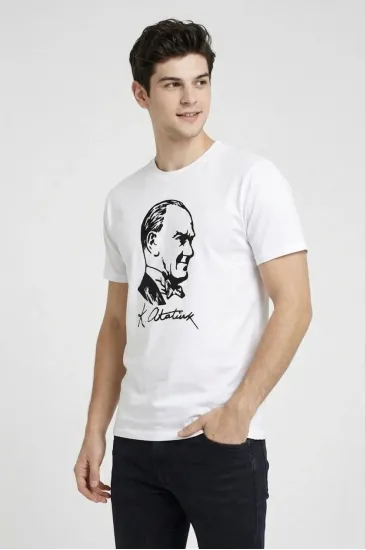 Erkek Atatürk Baskılı Tişört Kısa Kollu Bisiklet Yaka T-Shirt - Beyaz