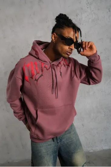 Erkek 3 İplik Pamuklu Baskılı Kapüşonlu Cepli Sweatshirt Hoodie - Gül Kurusu Erkek 3 İplik Pamuklu Baskılı Kapüşonlu Cepli Sweatshirt Hoodie - Gül Kurusu