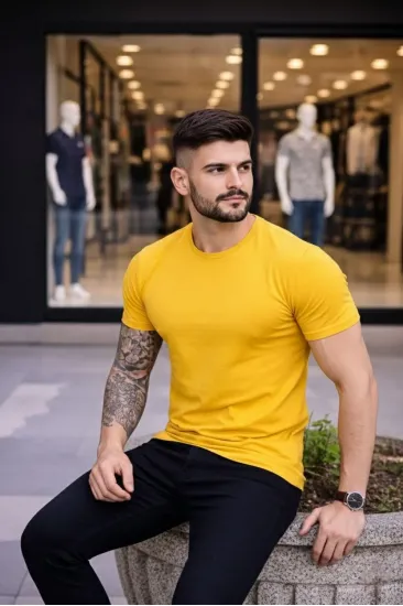 Erkek Body Tişört Bisiklet Yaka Slim Fit Likralı T-Shirt - Sarı Erkek Body Tişört Bisiklet Yaka Slim Fit Likralı T-Shirt - Sarı