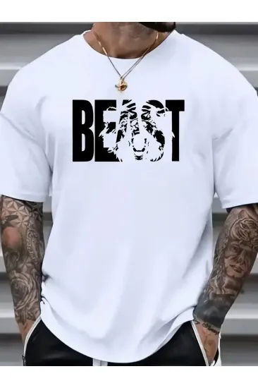 Erkek Baskılı Tişört Kısa Kol Bisiklet Yaka Oversize T-Shirt - Beyaz