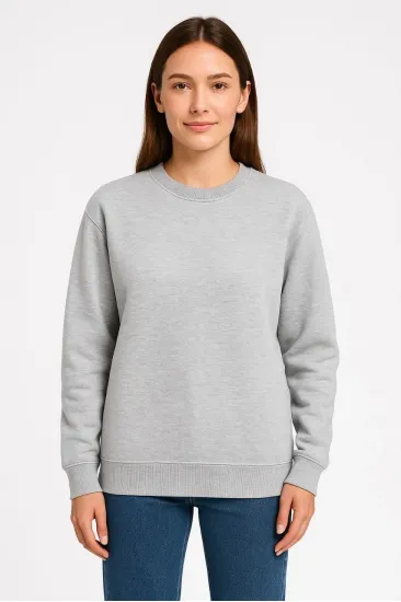 Kadın 3 İplik Pamuklu Düz Bisiklet Yaka SweatShirt - Gri Kadın 3 İplik Pamuklu Düz Bisiklet Yaka SweatShirt - Gri