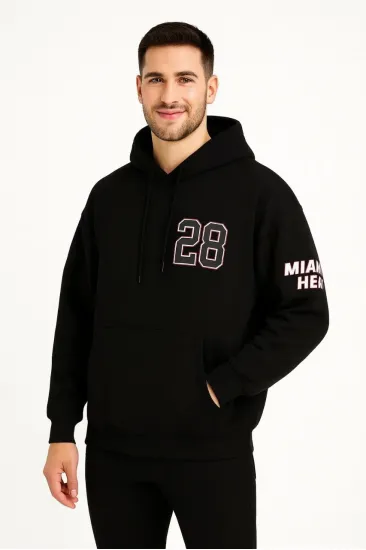 Erkek Kapüşonlu Kanguru Cepli Sweatshirt 3 İplik Pamuklu Baskılı Hoodie - Siyah Erkek Kapüşonlu Kanguru Cepli Sweatshirt 3 İplik Pamuklu Baskılı Hoodie - Siyah