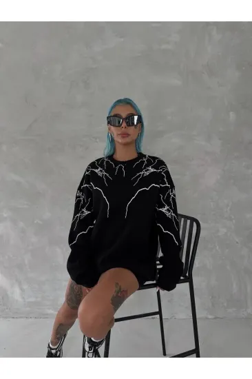 Kadın Yıldırım Baskılı Bisiklet Yaka 3 iplik pamuklu SweatShirt - Siyah Kadın Yıldırım Baskılı Bisiklet Yaka 3 iplik pamuklu SweatShirt - Siyah