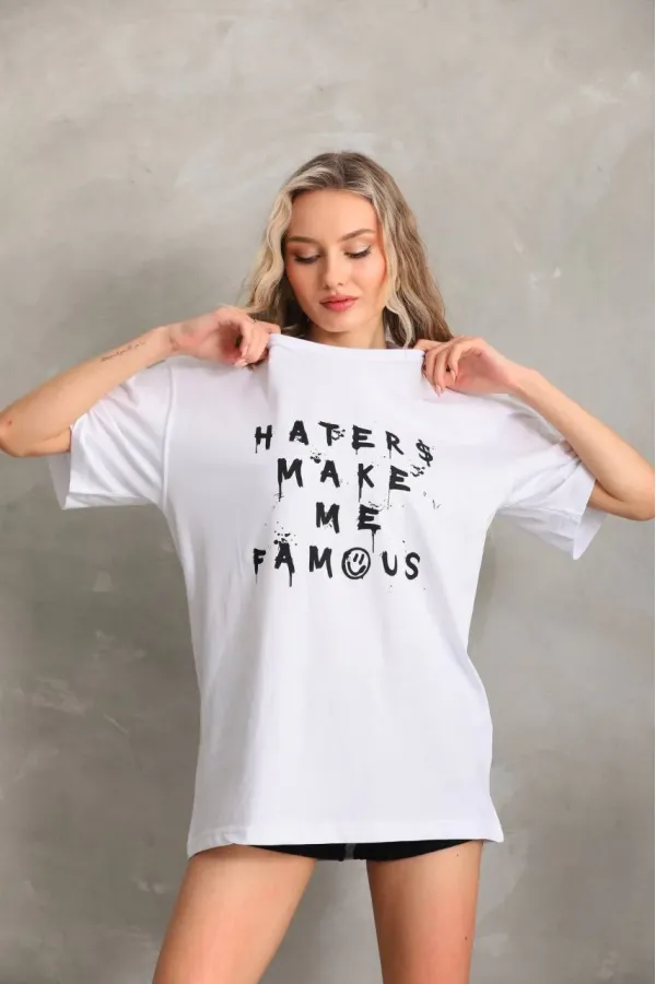 Kadın ön ve arka Baskılı Oversize Kısa kol T-Shirt - Beyaz Kadın ön ve arka Baskılı Oversize Kısa kol T-Shirt - Beyaz