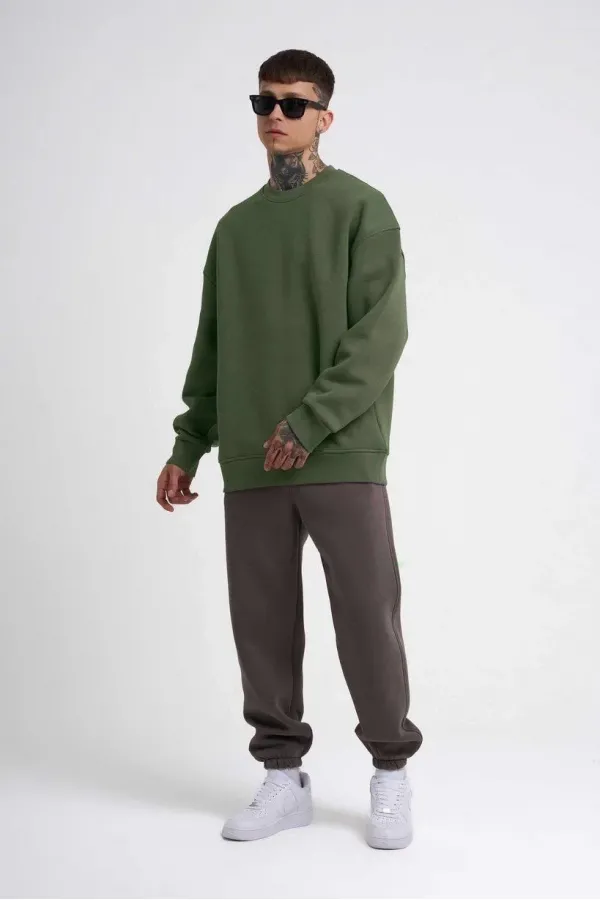 ERKEK Bisikilet Yaka 3 İplik Pamuklu SweatShirt - Haki