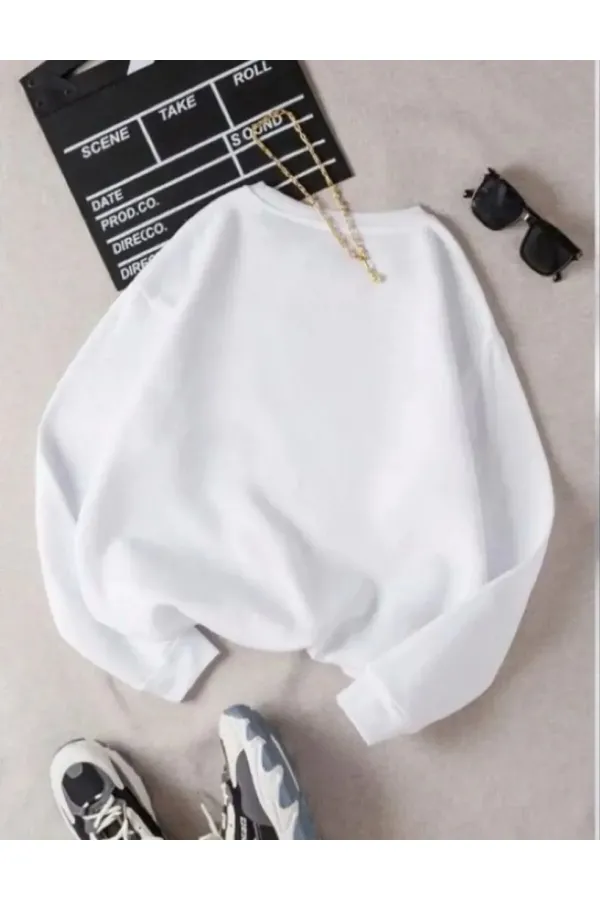Kadın 3 İplik Pamuklu Bisikilet Yaka SweatShirt - Beyaz Kadın 3 İplik Pamuklu Bisikilet Yaka SweatShirt - Beyaz