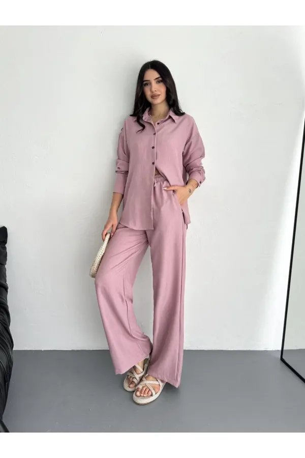 Kadın Gömlek Pantolon ikili Alt-Üst Takım - Toz Pembe Kadın Gömlek Pantolon ikili Alt-Üst Takım - Toz Pembe