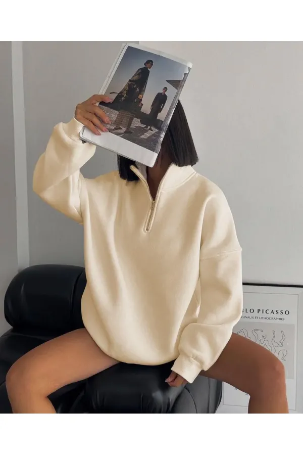 Kadın 3 İplik Pamuklu Oversize Yarım Fermuarlı Yakalı Basic Sweatshirt - Bej Kadın 3 İplik Pamuklu Oversize Yarım Fermuarlı Yakalı Basic Sweatshirt - Bej