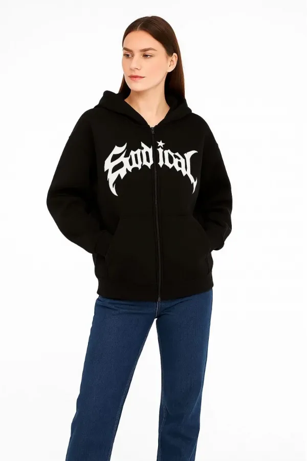 Kadın Kapüşonlu 3 İplik Şardonlu Önü Baskılı Fermuarlı Oversize Sweatshirt - Siyah Kadın Kapüşonlu 3 İplik Şardonlu Önü Baskılı Fermuarlı Oversize Sweatshirt - Siyah