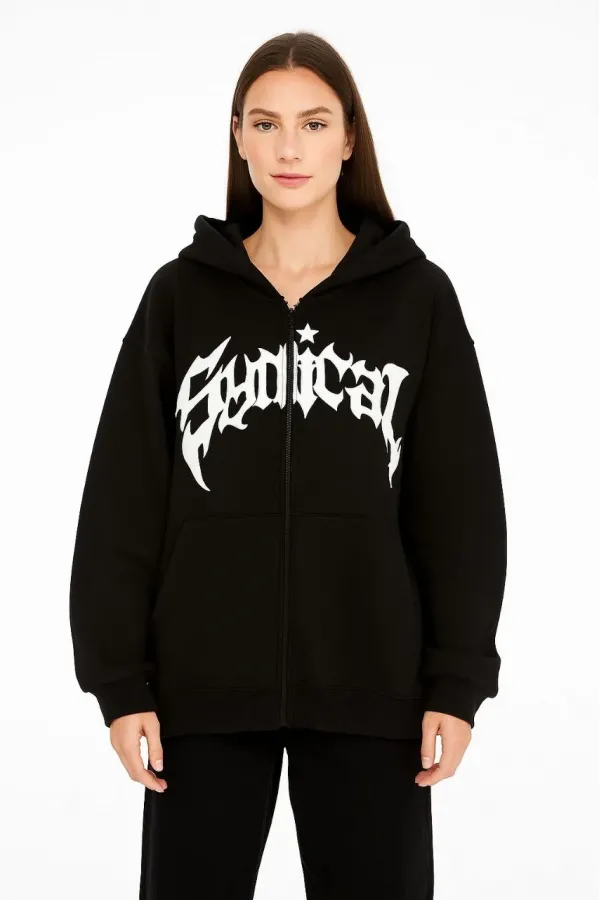 Kadın Kapüşonlu 3 İplik Şardonlu Önü Baskılı Fermuarlı Oversize Sweatshirt - Siyah Kadın Kapüşonlu 3 İplik Şardonlu Önü Baskılı Fermuarlı Oversize Sweatshirt - Siyah