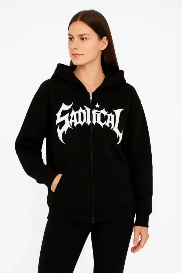 Kadın Kapüşonlu 3 İplik Şardonlu Önü Baskılı Fermuarlı Oversize Sweatshirt - Siyah Kadın Kapüşonlu 3 İplik Şardonlu Önü Baskılı Fermuarlı Oversize Sweatshirt - Siyah