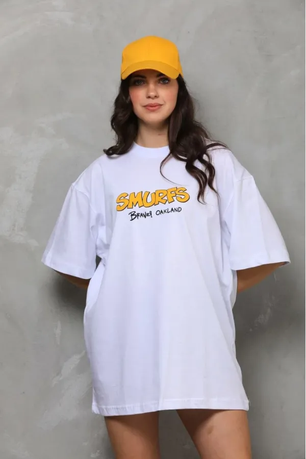 kadın Bisiklet Yaka Baskılı Oversize T-Shirt - Beyaz kadın Bisiklet Yaka Baskılı Oversize T-Shirt - Beyaz