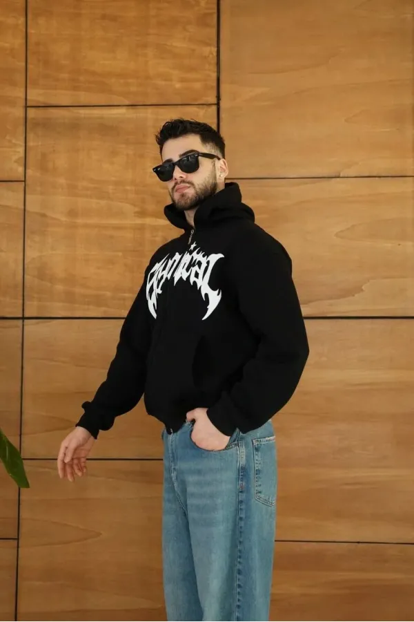 Erkek Kapüşonlu 3 İplik Şardonlu Önü Baskılı Fermuarlı Oversize Sweatshirt - Siyah Erkek Kapüşonlu 3 İplik Şardonlu Önü Baskılı Fermuarlı Oversize Sweatshirt - Siyah
