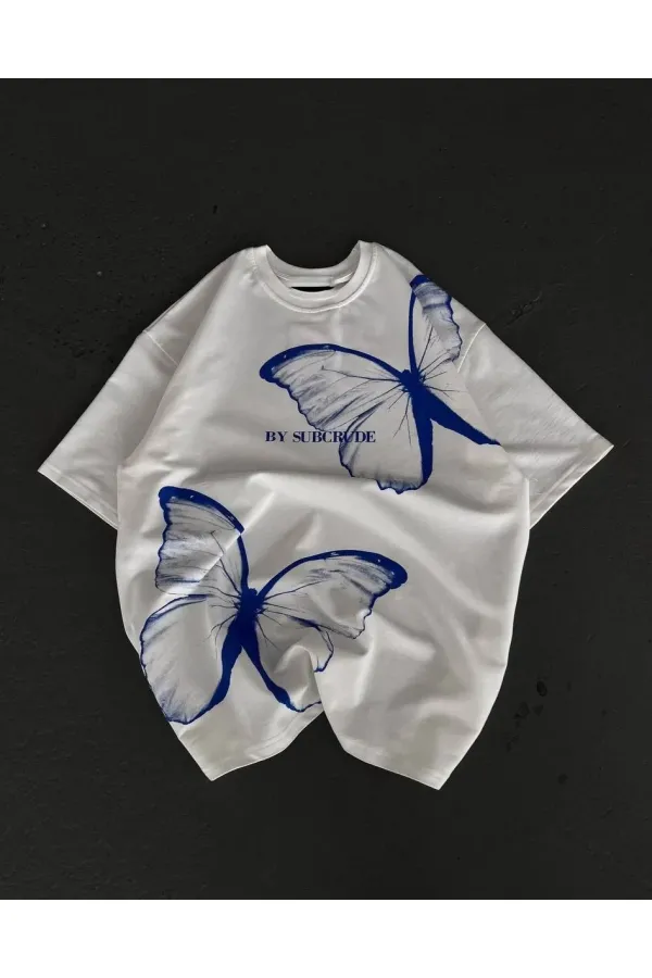 kadın Bisiklet Yaka Baskılı Oversize T-Shirt - Beyaz kadın Bisiklet Yaka Baskılı Oversize T-Shirt - Beyaz