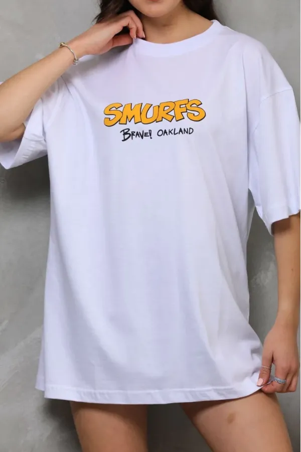 kadın Bisiklet Yaka Baskılı Oversize T-Shirt - Beyaz kadın Bisiklet Yaka Baskılı Oversize T-Shirt - Beyaz