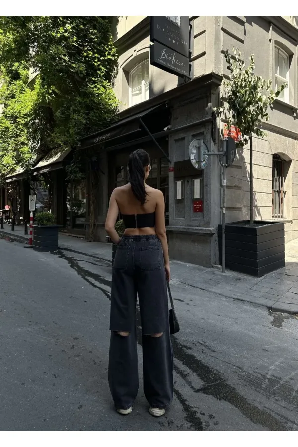 Kadın Arkadan Yırtmaçlı Jeans Kot Palazzo Pantolon - Siyah Kadın Arkadan Yırtmaçlı Jeans Kot Palazzo Pantolon - Siyah